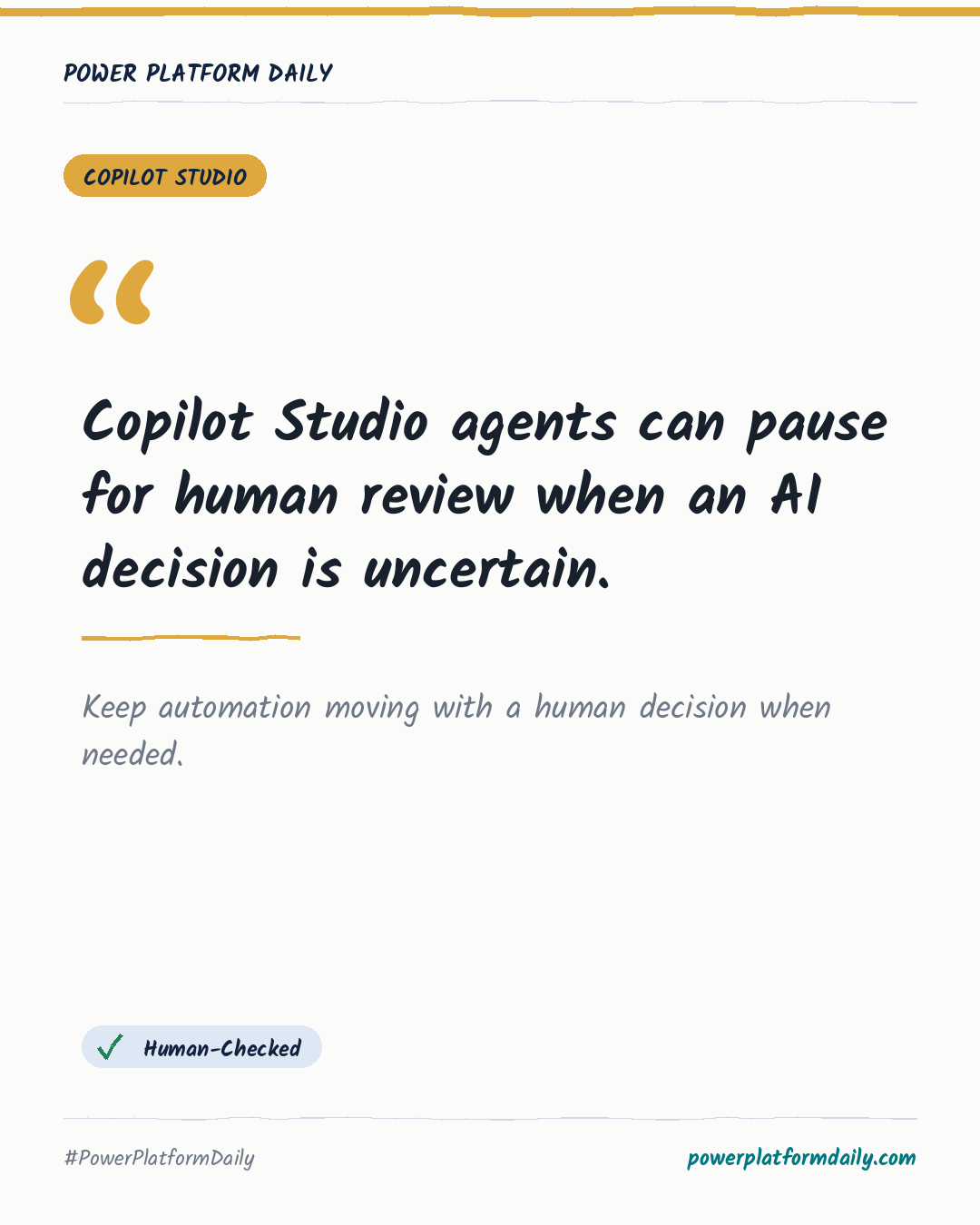 News card: Copilot Studio agents can pause for human review when an AI decision is uncertain.