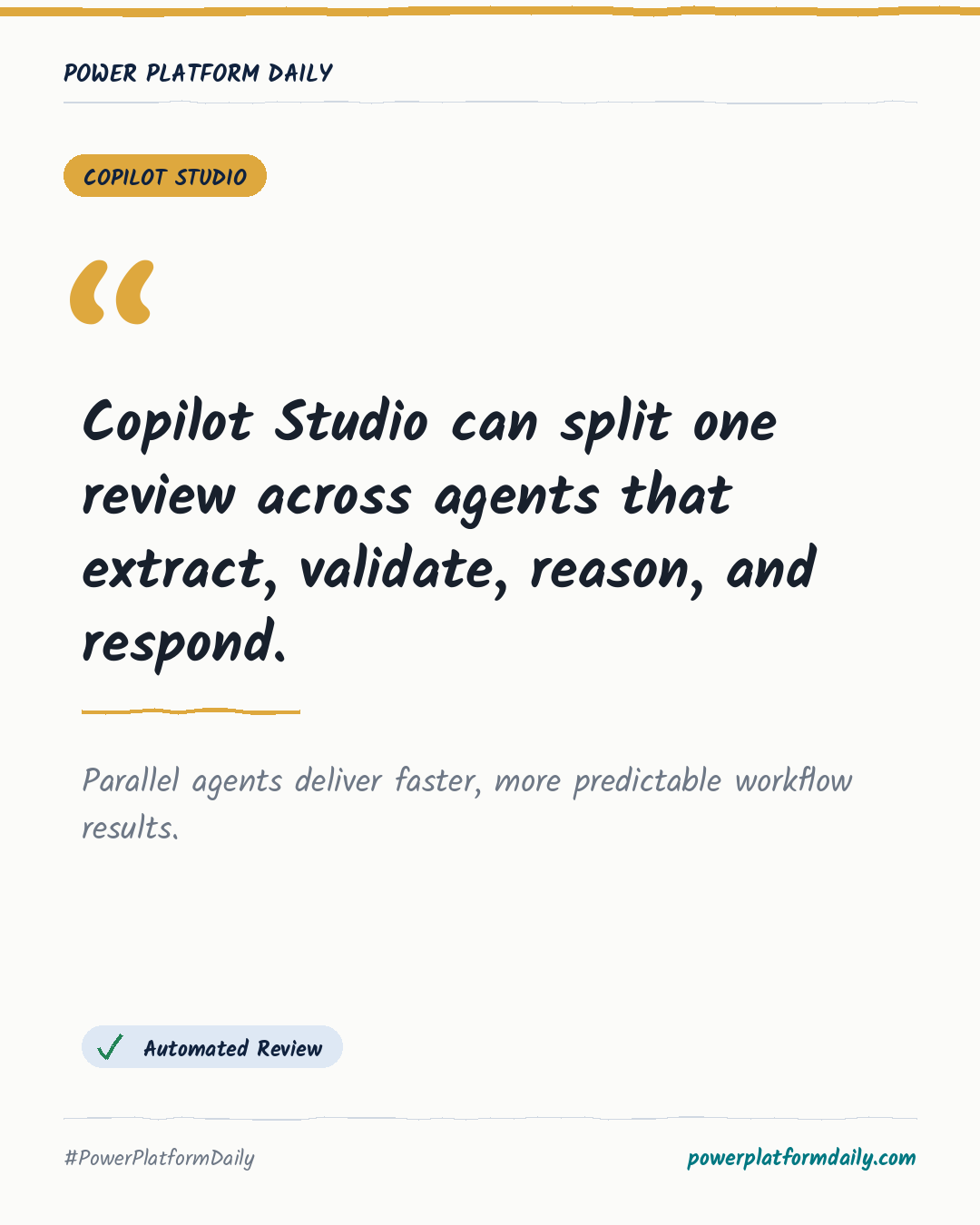 News-Karte: Copilot Studio can split one review across agents that extract, validate, reason, and respond.