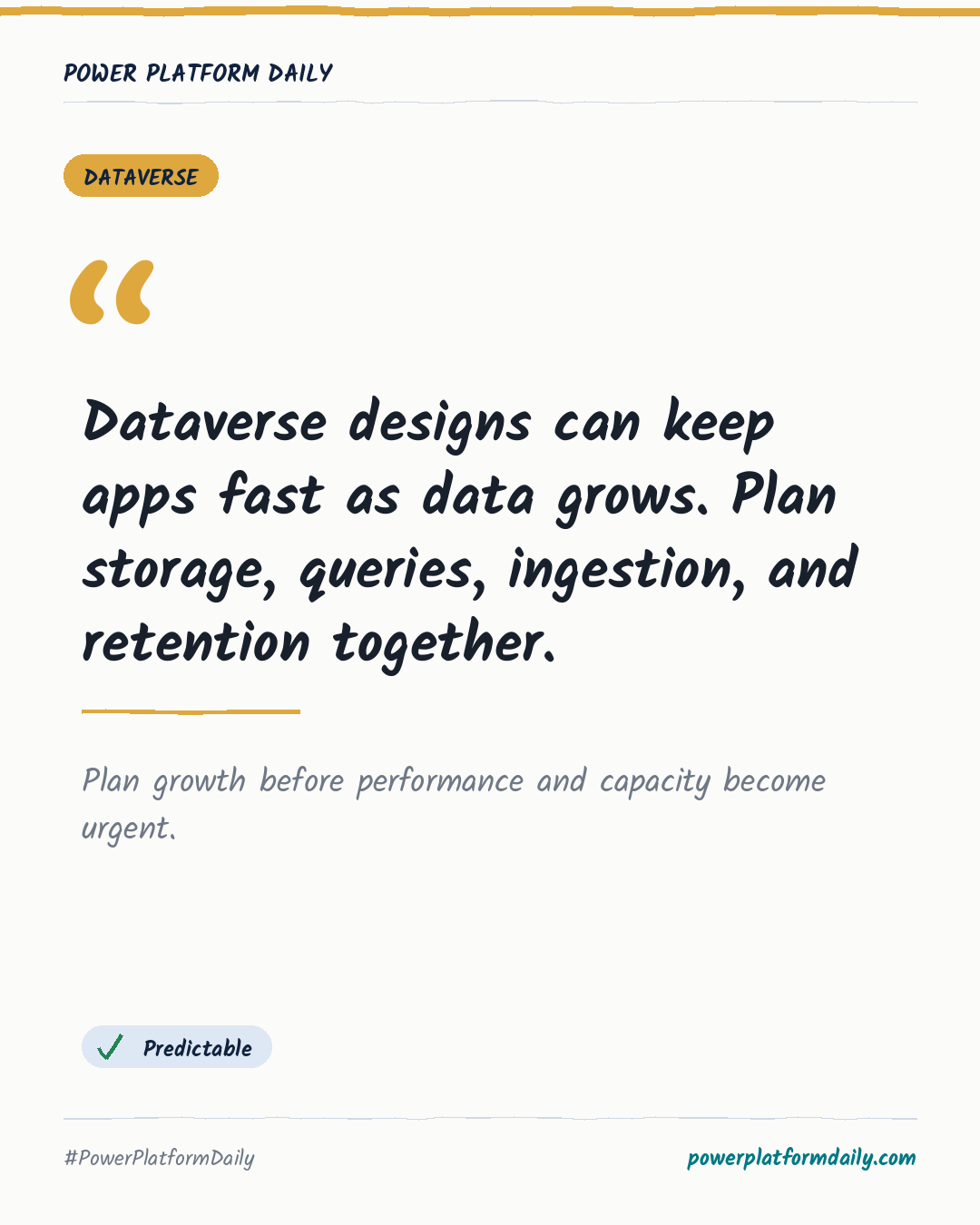 News card: Dataverse designs can keep apps fast as data grows. Plan storage, queries, ingestion, and retention together.