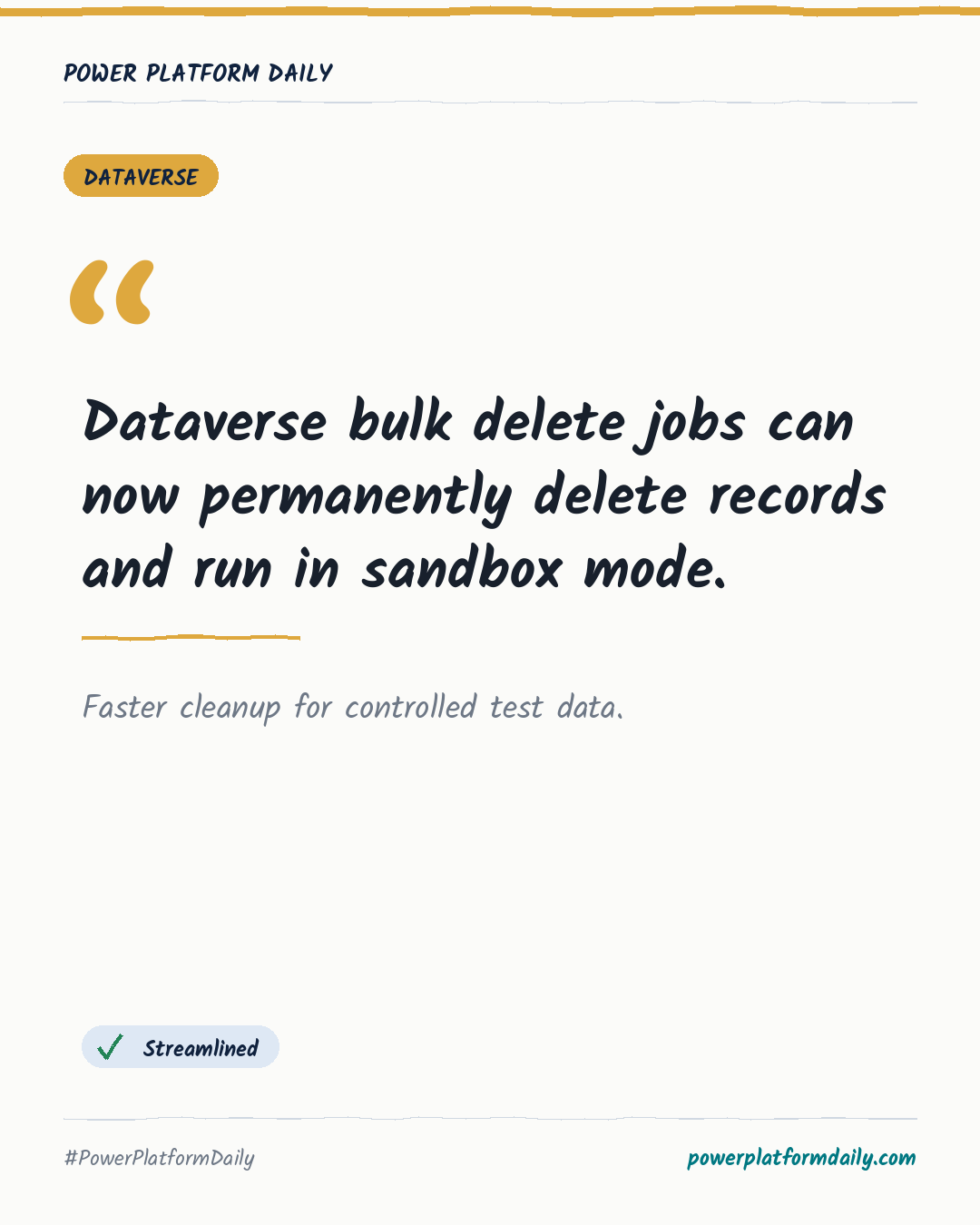 News-Karte: Dataverse bulk delete jobs can now permanently delete records and run in sandbox mode.