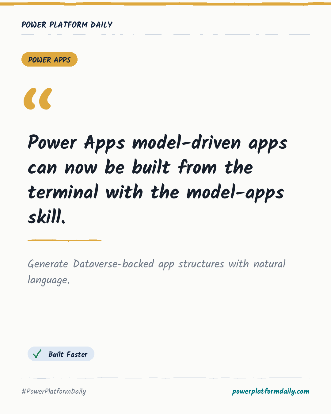News card: Power Apps model-driven apps can now be built from the terminal with the model-apps skill.