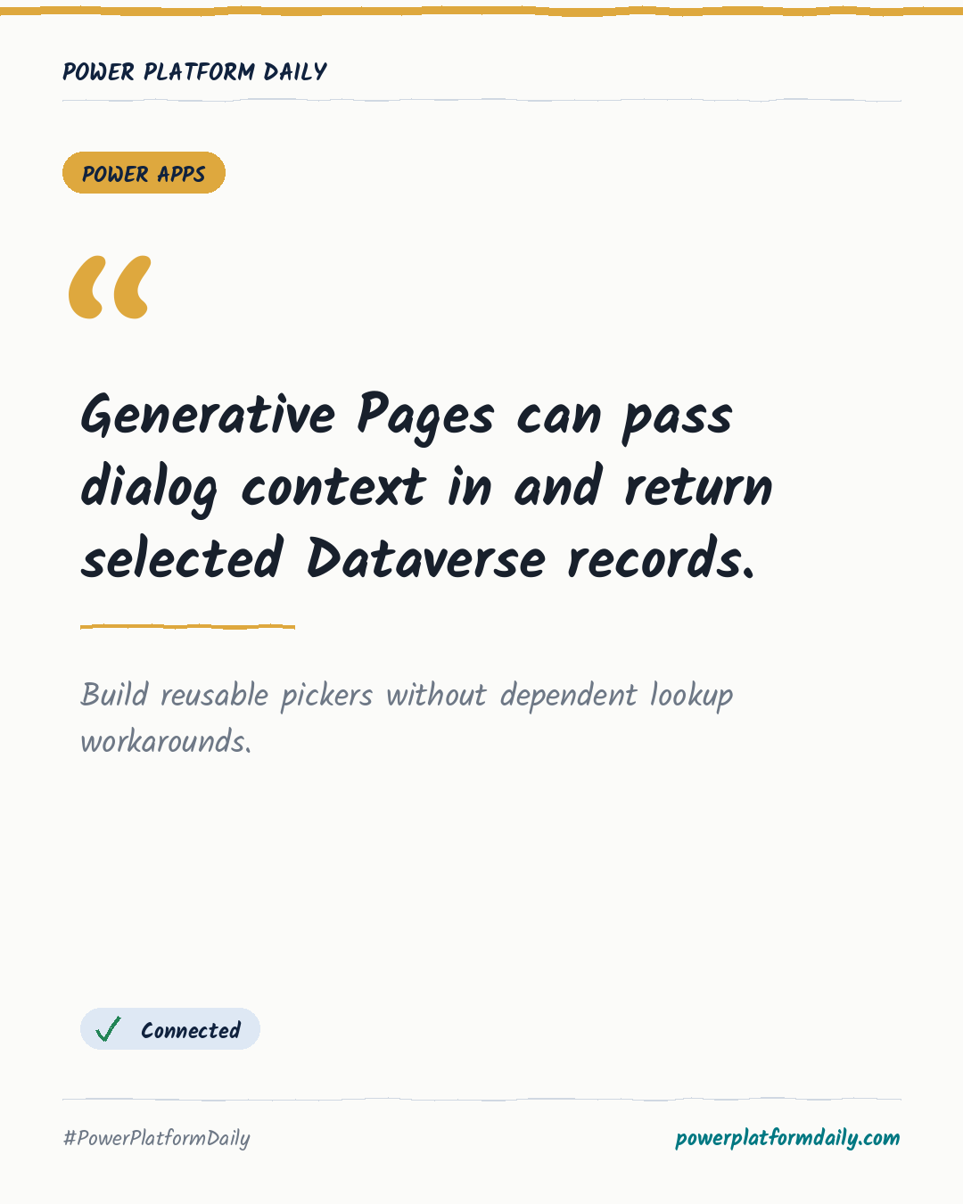 News-Karte: Generative Pages can pass dialog context in and return selected Dataverse records.