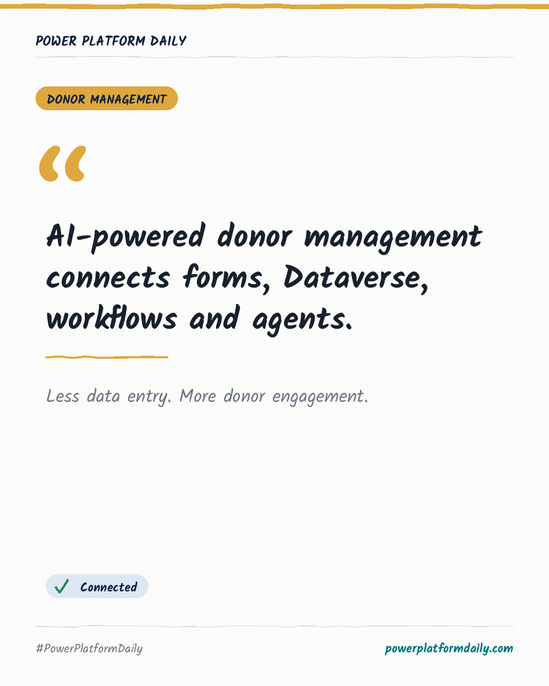 News card: AI-powered donor management connects forms, Dataverse, workflows and agents.