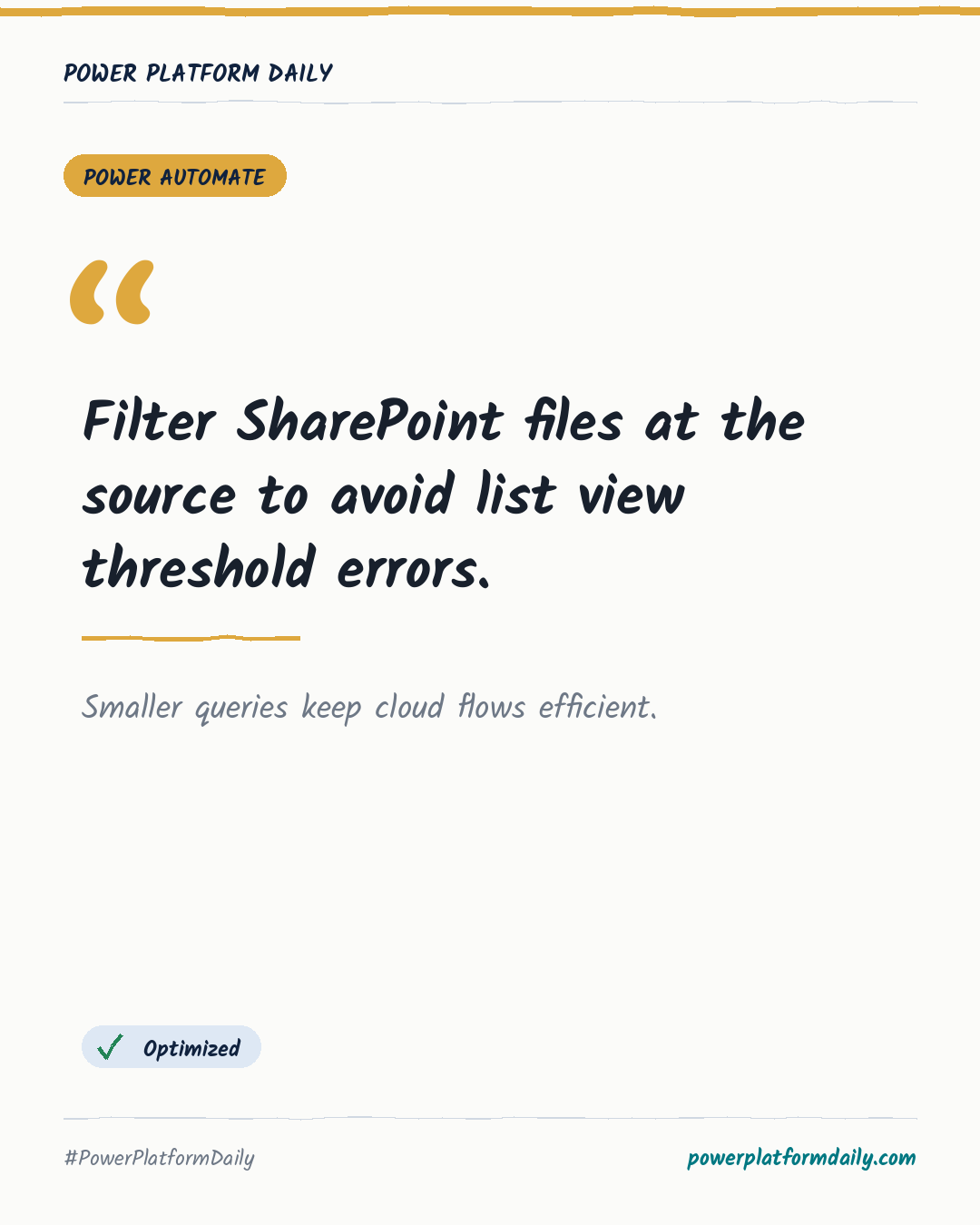 News card: Filter SharePoint files at the source to avoid list view threshold errors.