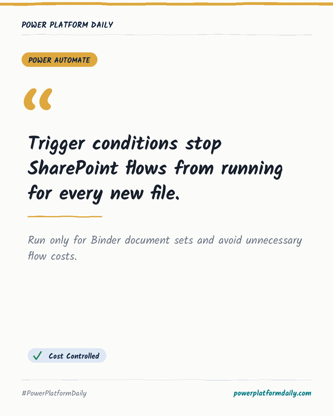 News card: Trigger conditions stop SharePoint flows from running for every new file.
