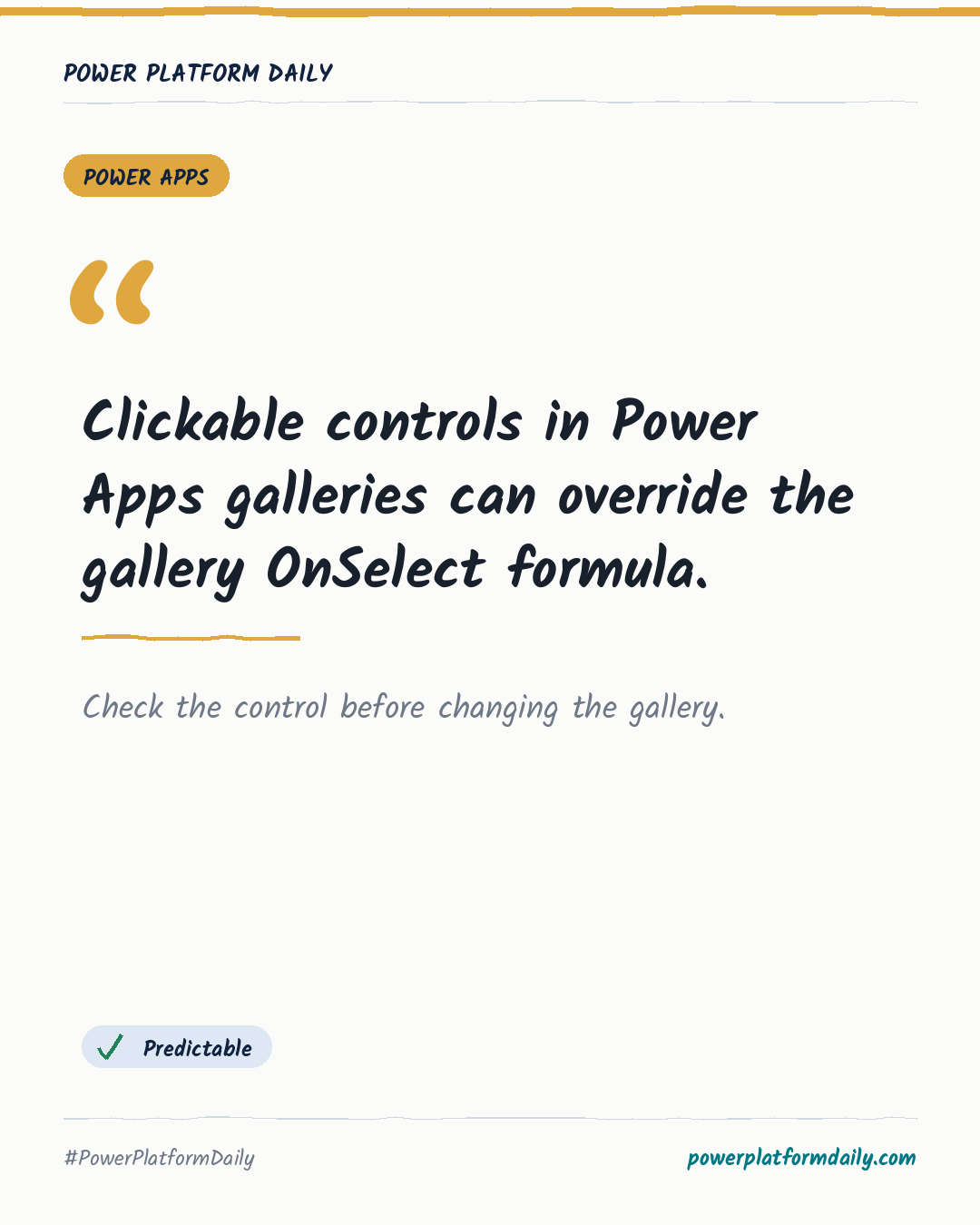 News card: Clickable controls in Power Apps galleries can override the gallery OnSelect formula.